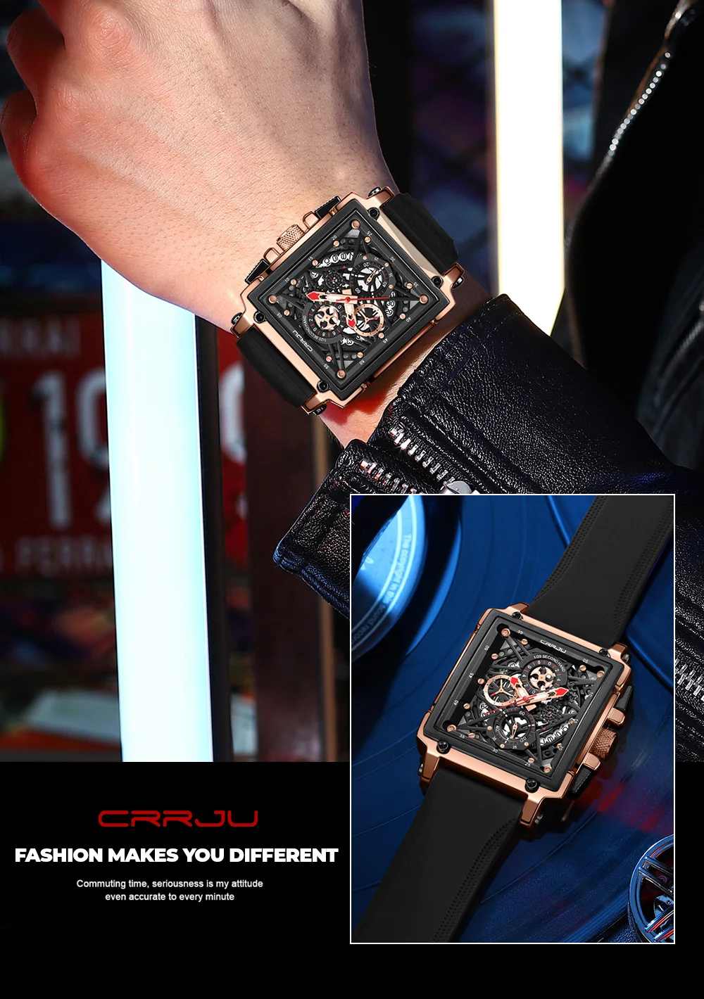 CRRJU Men's Sports Chronograph Wrist Watch For Men Army Silicone Strap Square Quartz Stop Watch Clock Man Relogios Masculino