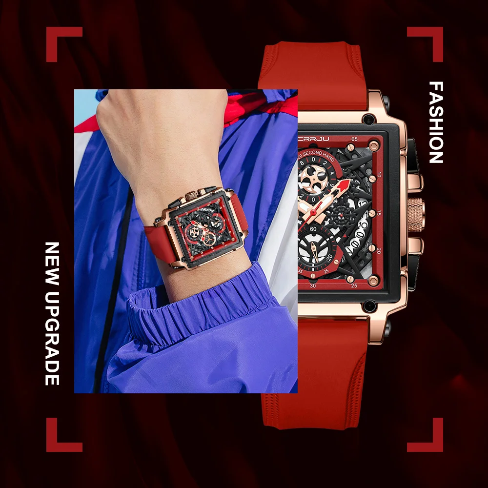 CRRJU Men's Sports Chronograph Wrist Watch For Men Army Silicone Strap Square Quartz Stop Watch Clock Man Relogios Masculino