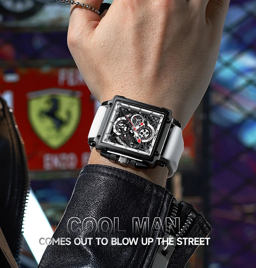 CRRJU Men's Sports Chronograph Wrist Watch For Men Army Silicone Strap Square Quartz Stop Watch Clock Man Relogios Masculino