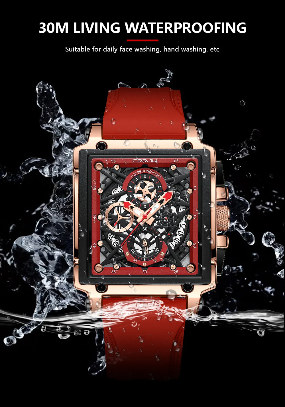 CRRJU Men's Sports Chronograph Wrist Watch For Men Army Silicone Strap Square Quartz Stop Watch Clock Man Relogios Masculino