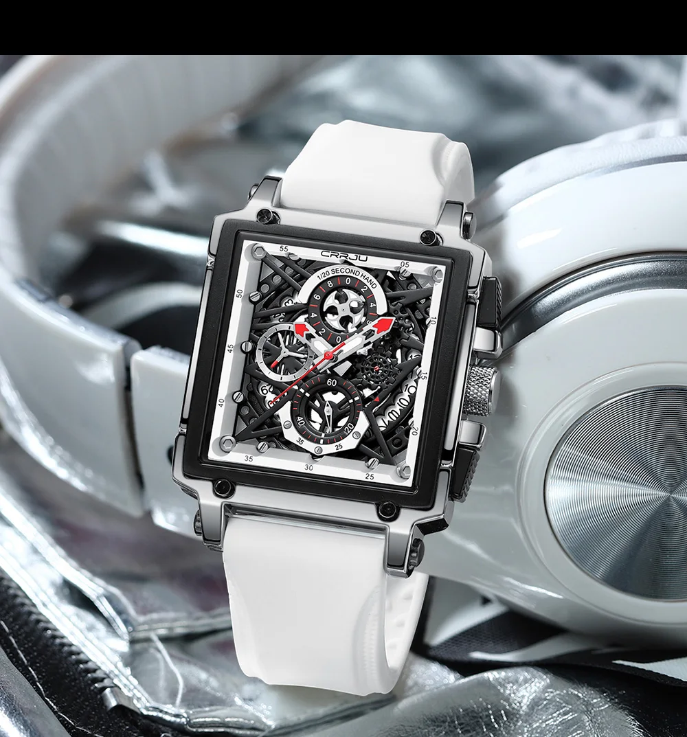 CRRJU Men's Sports Chronograph Wrist Watch For Men Army Silicone Strap Square Quartz Stop Watch Clock Man Relogios Masculino