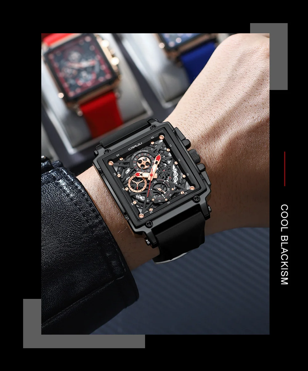 CRRJU Men's Sports Chronograph Wrist Watch For Men Army Silicone Strap Square Quartz Stop Watch Clock Man Relogios Masculino