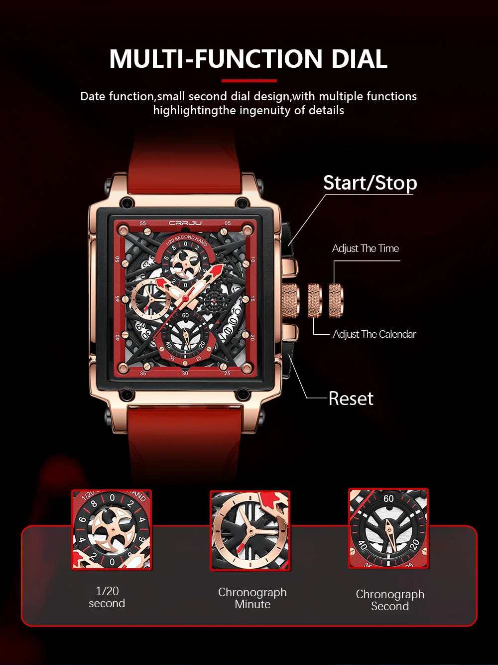 CRRJU Men's Sports Chronograph Wrist Watch For Men Army Silicone Strap Square Quartz Stop Watch Clock Man Relogios Masculino