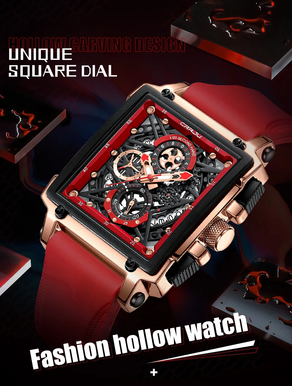 CRRJU Men's Sports Chronograph Wrist Watch For Men Army Silicone Strap Square Quartz Stop Watch Clock Man Relogios Masculino