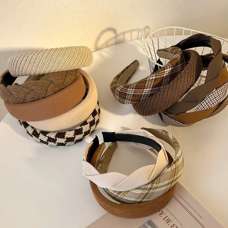Fashion Vintage Elastic Hair Band Lattice Print Sponge Headband Womens Girl Wide Side Hairband Hair Hoop Female Hair Accessories