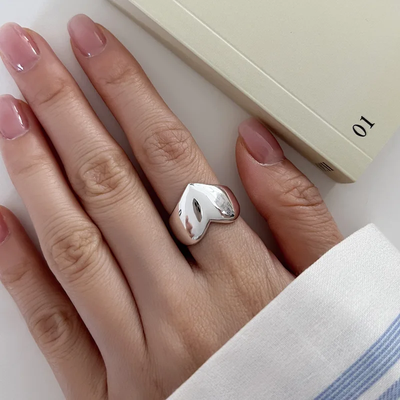 BF CLUB 925 Sterling Silver Simple Heart Rings for Women Couple Fashion Geometric Vintage Handmade Irregular Ring Party Gifts