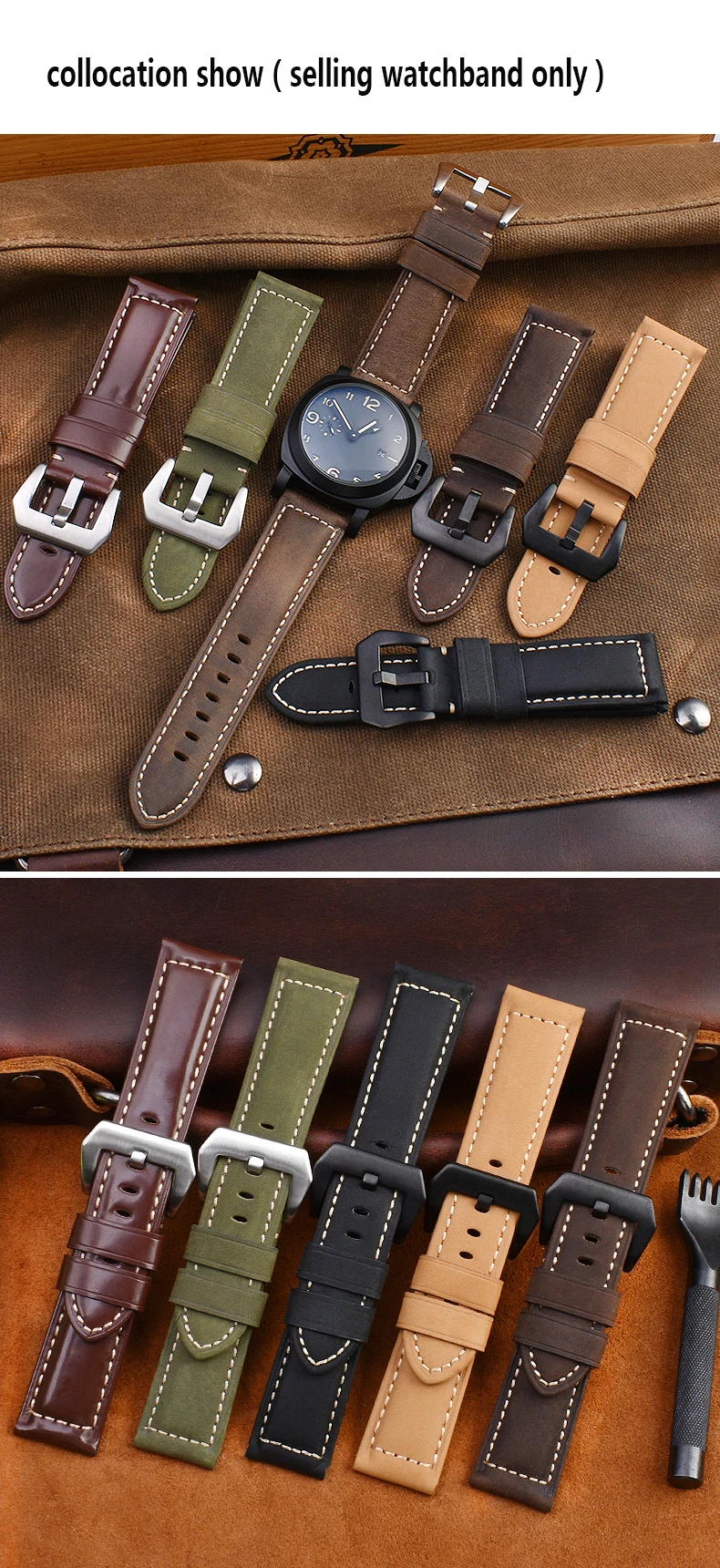 For Panerai genuine Cowhide Frosted leather watchband 22 24mm 26mm strap black khaki Dark brown PAM111 441 Wrist strap Bracelet