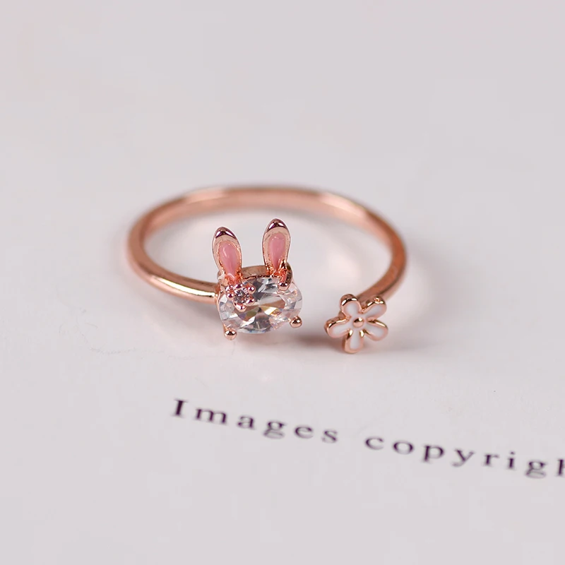 Hot Selling Fashion Jewellery Women's Ring Cute Rabbit Animal Rings Opening Adjustable Metal Ring 2021 New Pink Jewelry Gift