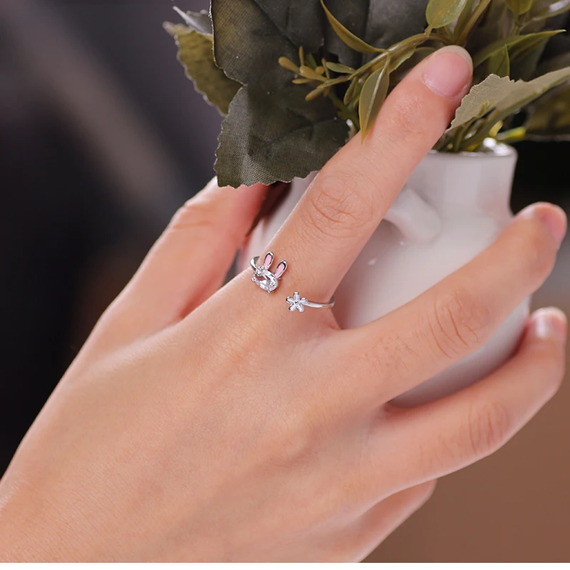 Hot Selling Fashion Jewellery Women's Ring Cute Rabbit Animal Rings Opening Adjustable Metal Ring 2021 New Pink Jewelry Gift