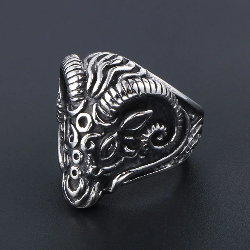 Vintage Gothic Sheep Goat Head Ring for Men Cool Heavy Metal Animal Stainless Steel Ring Fashion Male Punk Biker Rings Jewelry