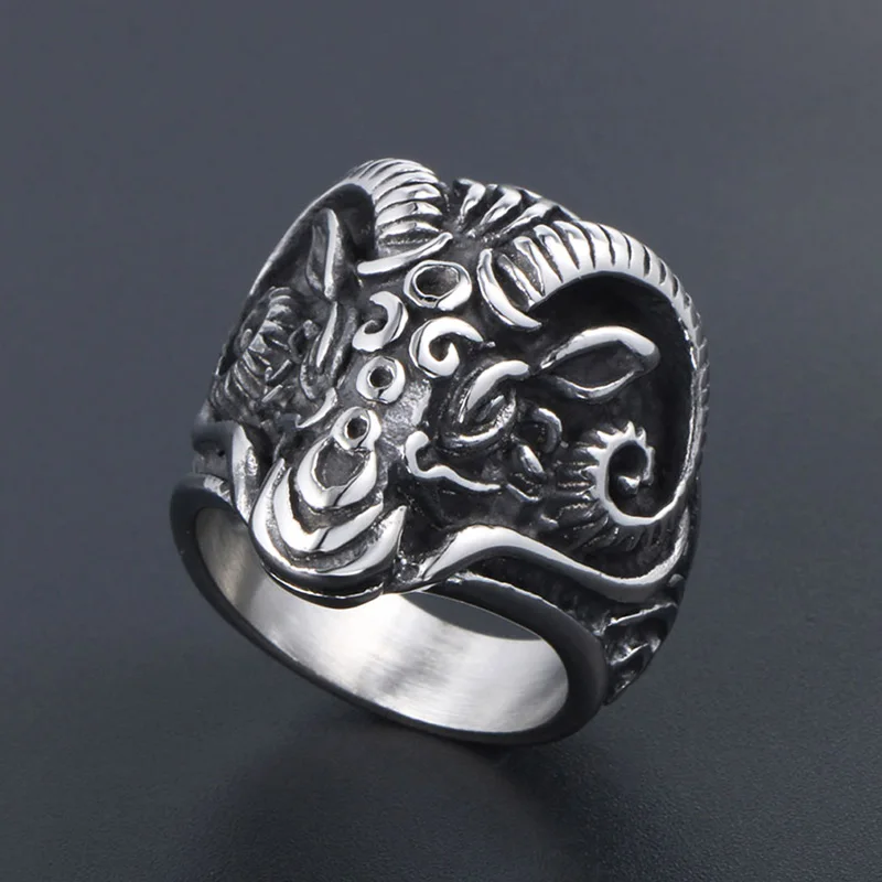 Vintage Gothic Sheep Goat Head Ring for Men Cool Heavy Metal Animal Stainless Steel Ring Fashion Male Punk Biker Rings Jewelry