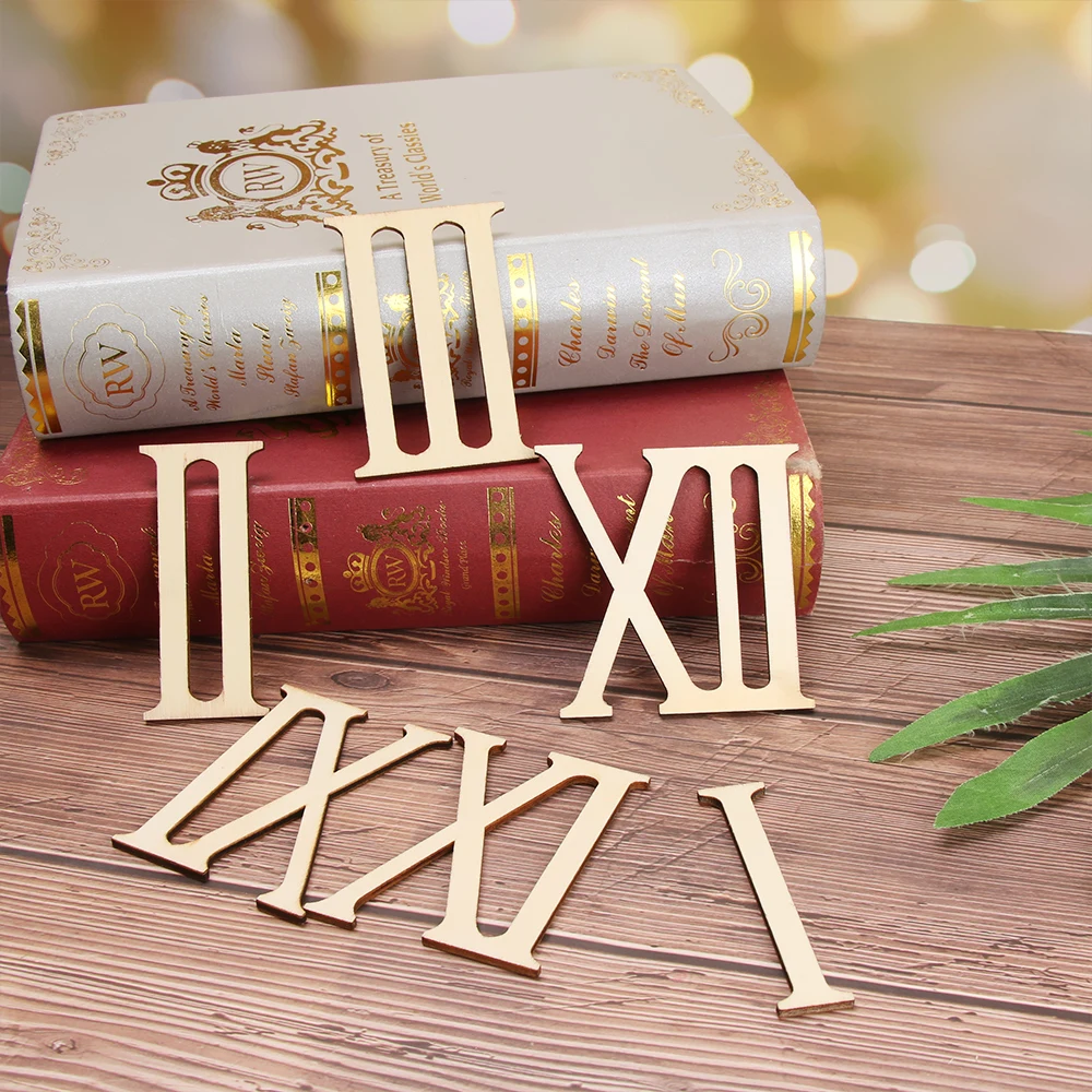 12Pcs/set 7cm Roman Digital Wooden Clock Accessories Roman Numerals Wood Chip Clock Parts Home Decor Laser Cut DIY Crafts Pieces