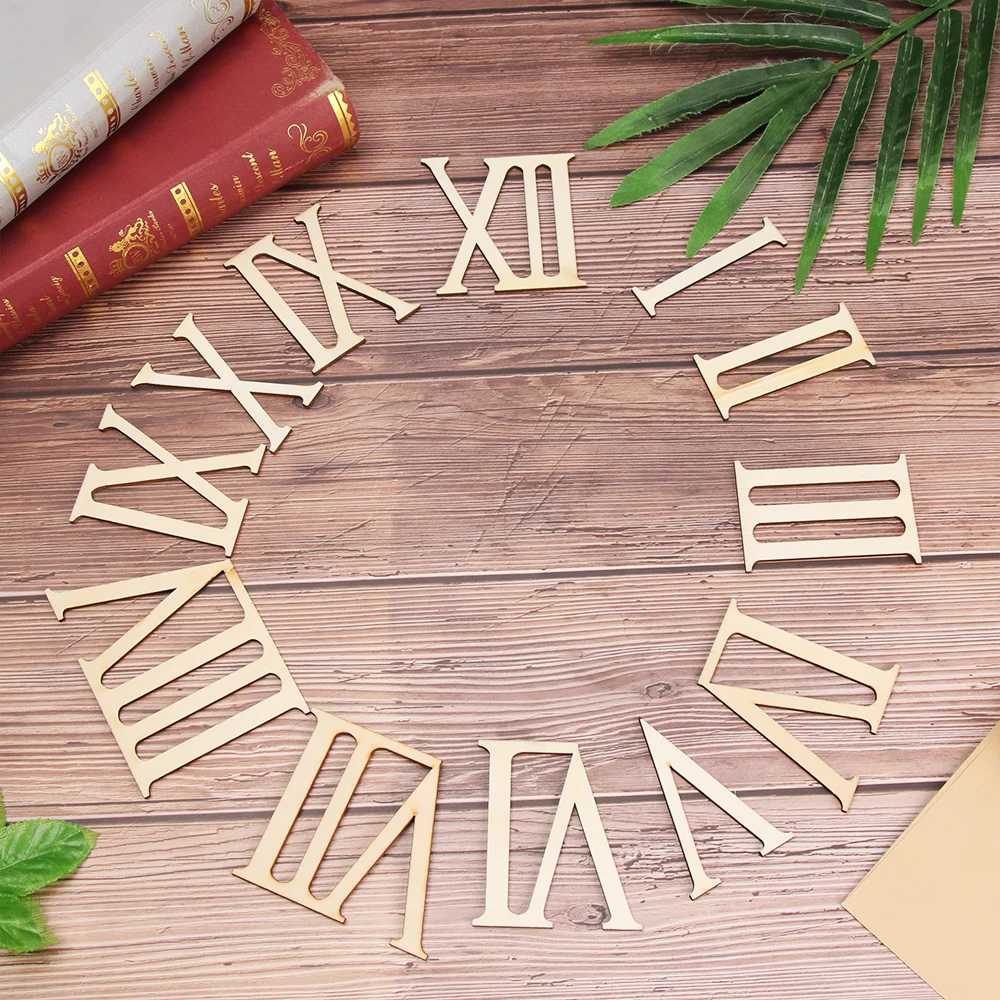 12Pcs/set 7cm Roman Digital Wooden Clock Accessories Roman Numerals Wood Chip Clock Parts Home Decor Laser Cut DIY Crafts Pieces