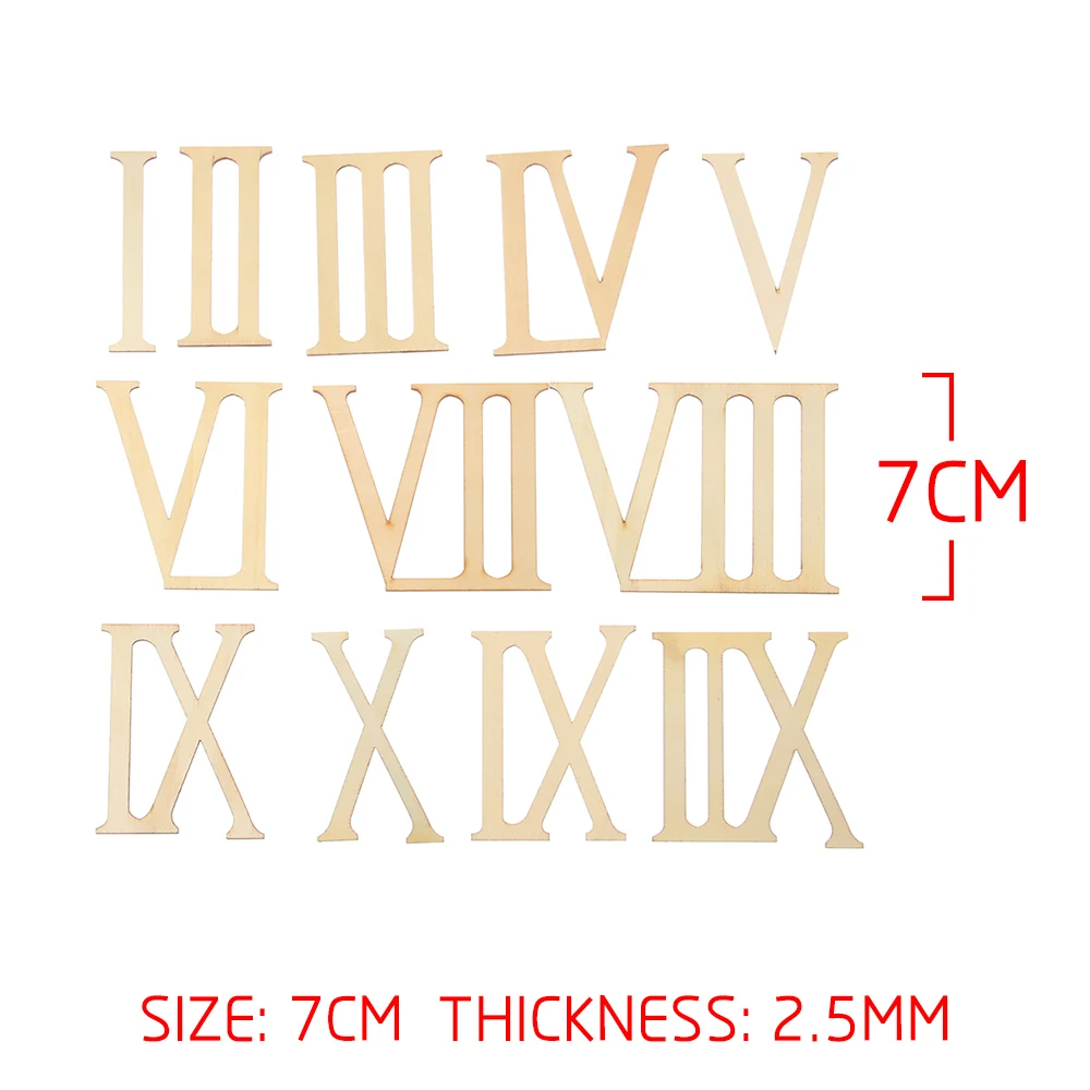 12Pcs/set 7cm Roman Digital Wooden Clock Accessories Roman Numerals Wood Chip Clock Parts Home Decor Laser Cut DIY Crafts Pieces