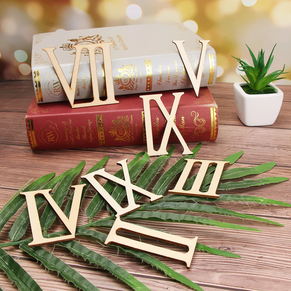 12Pcs/set 7cm Roman Digital Wooden Clock Accessories Roman Numerals Wood Chip Clock Parts Home Decor Laser Cut DIY Crafts Pieces