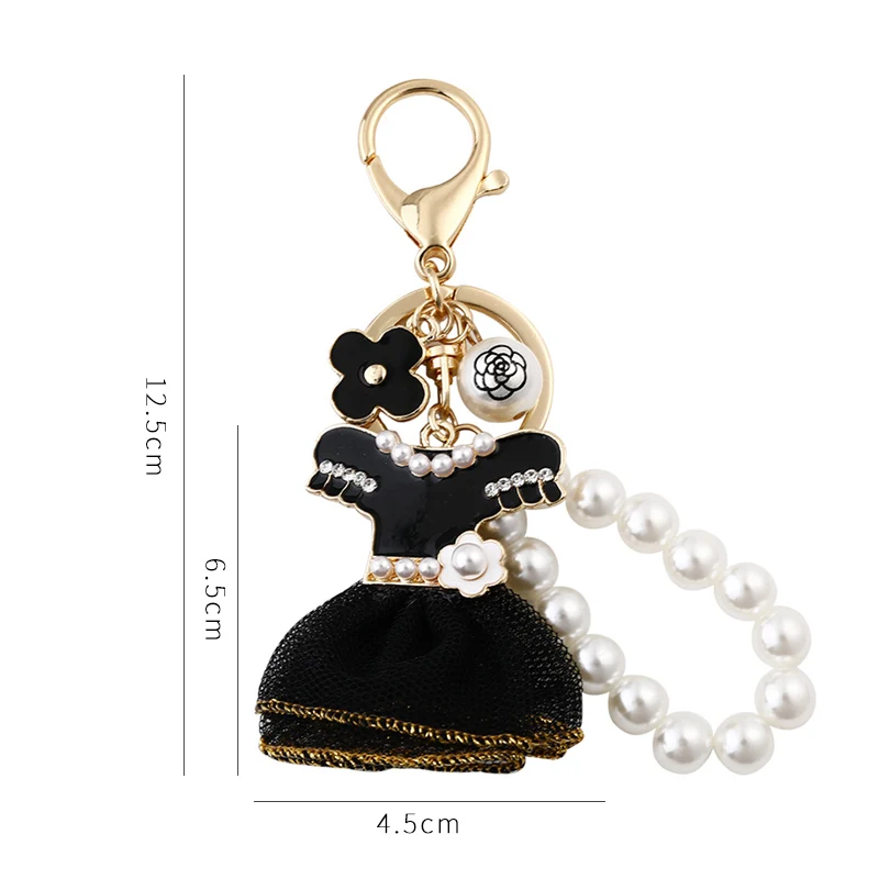 Trendy Black Pearl Keychain for Women Skirt Design Key Holder Jewelry Bag Accessory Fashionable Gift