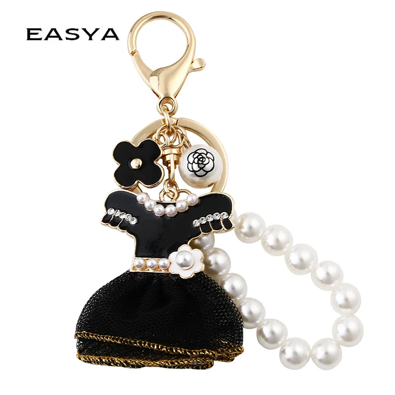 Trendy Black Pearl Keychain for Women Skirt Design Key Holder Jewelry Bag Accessory Fashionable Gift