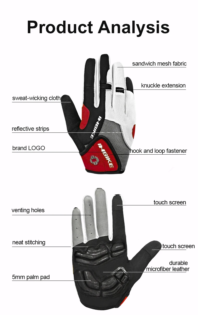 INBIKE Full Finger Cycling Gloves Durable MTB Bicycle Gloves for Riding Outdoor Motorcycle Accessories Touch Screen Padded IF239