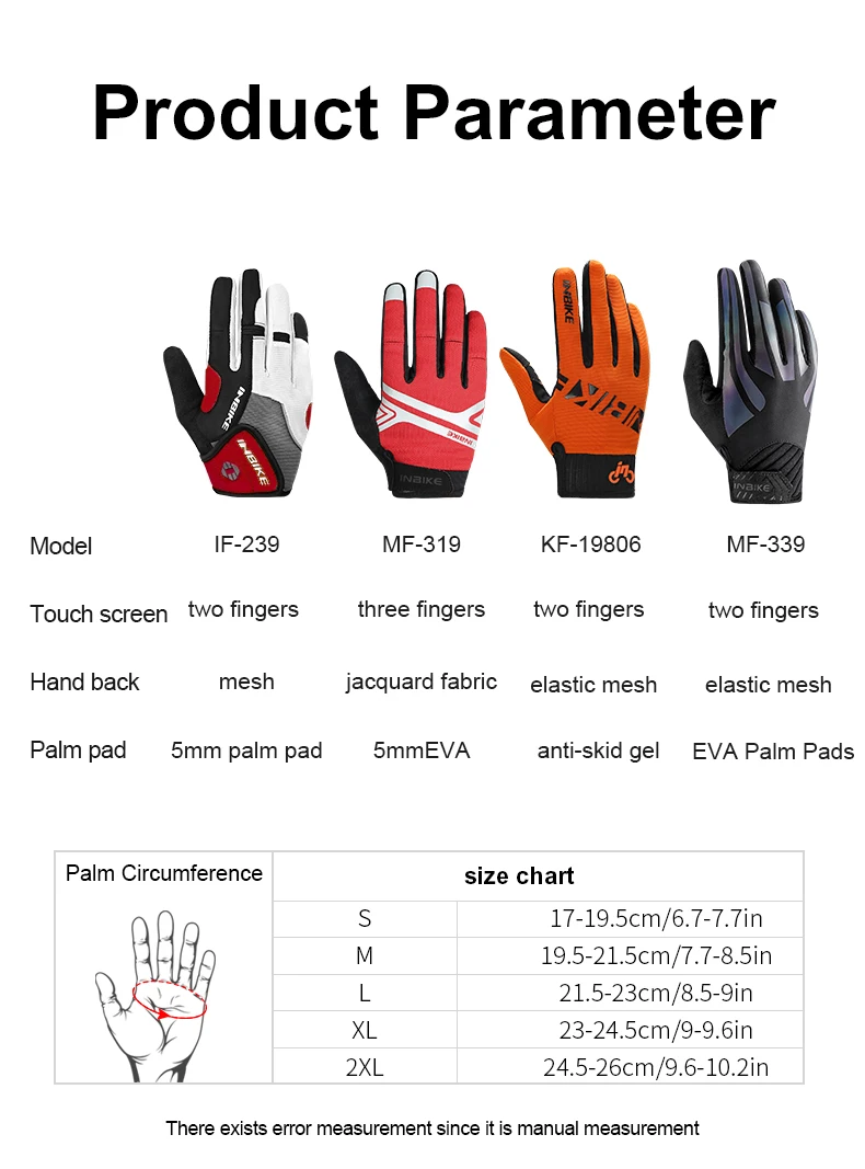 INBIKE Full Finger Cycling Gloves Durable MTB Bicycle Gloves for Riding Outdoor Motorcycle Accessories Touch Screen Padded IF239