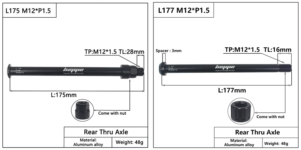 HEPPE Bike Thru Axle Front Fork Shaft Skewers 12x100/110 Rear Hub Thru Axle 12x142/148 M12xP1.0/1.25/1.5/1.75 Bike Quick Release