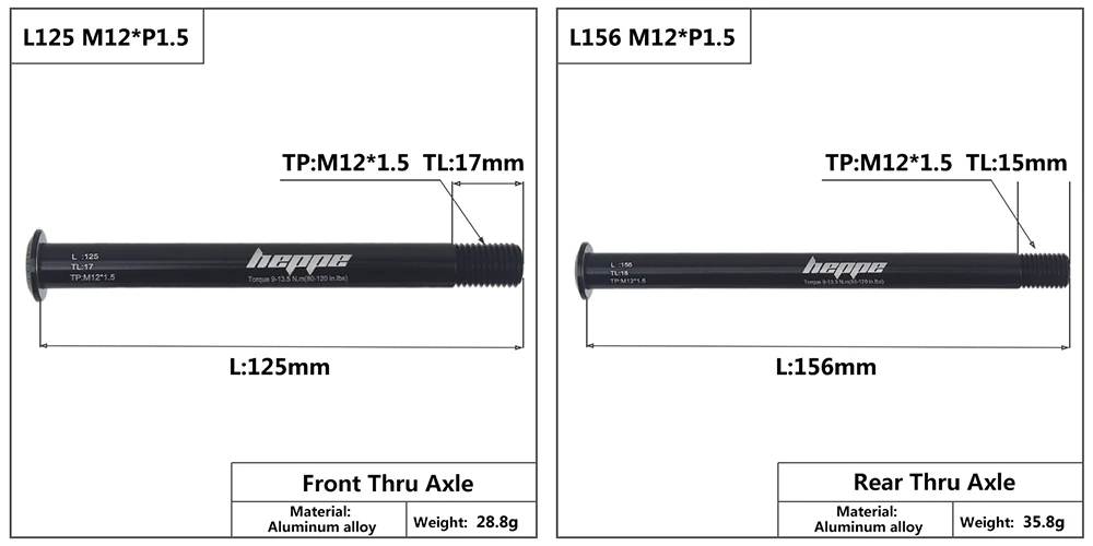 HEPPE Bike Thru Axle Front Fork Shaft Skewers 12x100/110 Rear Hub Thru Axle 12x142/148 M12xP1.0/1.25/1.5/1.75 Bike Quick Release