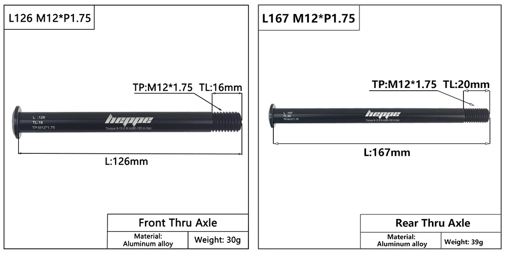 HEPPE Bike Thru Axle Front Fork Shaft Skewers 12x100/110 Rear Hub Thru Axle 12x142/148 M12xP1.0/1.25/1.5/1.75 Bike Quick Release
