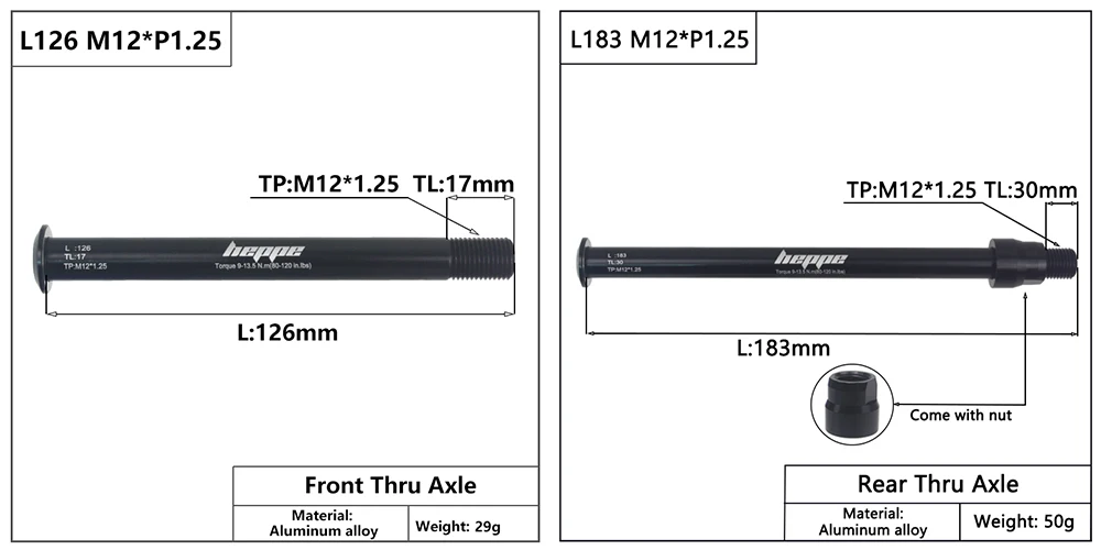 HEPPE Bike Thru Axle Front Fork Shaft Skewers 12x100/110 Rear Hub Thru Axle 12x142/148 M12xP1.0/1.25/1.5/1.75 Bike Quick Release