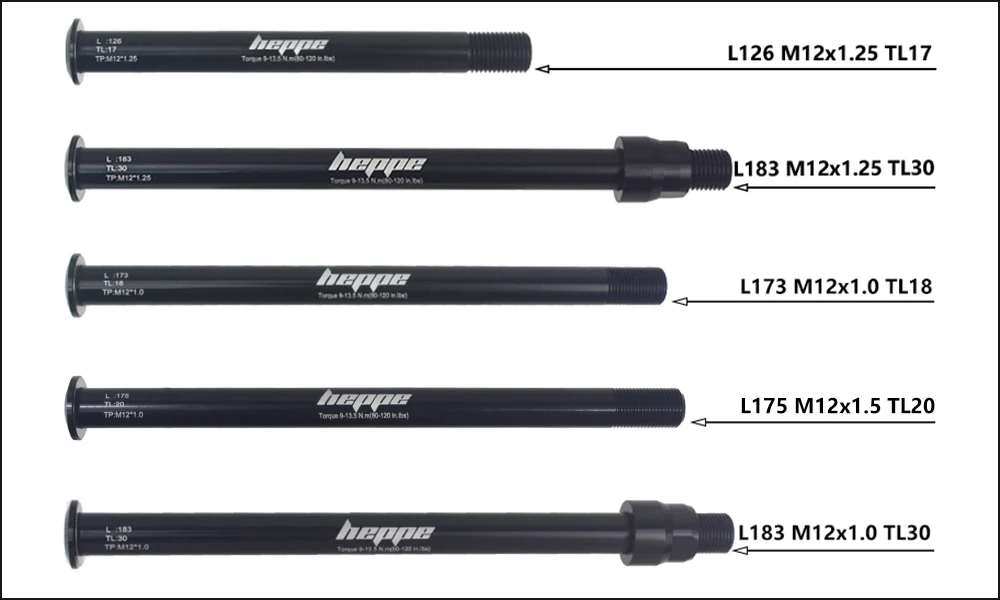 HEPPE Bike Thru Axle Front Fork Shaft Skewers 12x100/110 Rear Hub Thru Axle 12x142/148 M12xP1.0/1.25/1.5/1.75 Bike Quick Release