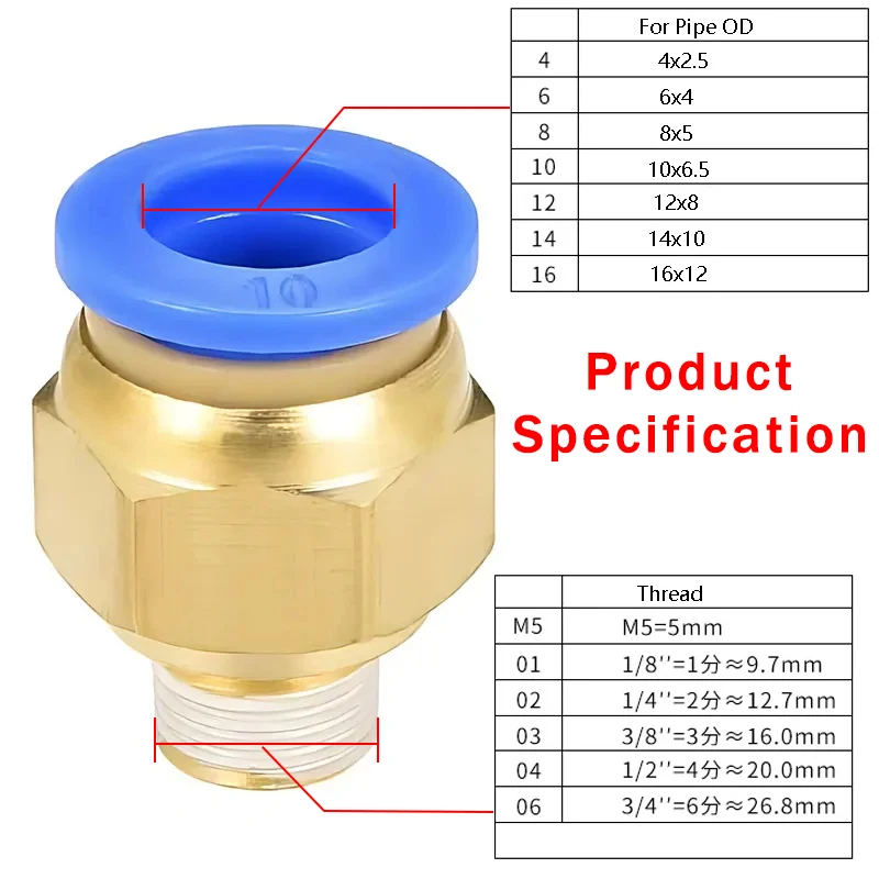 20/50PCS Pneumatic Air Connector Fitting PC 4mm 6mm 8mm 10mm 12mm Thread 1/8" 1/4" 3/8" 1/2" Hose Fittings Pipe Quick Connectors