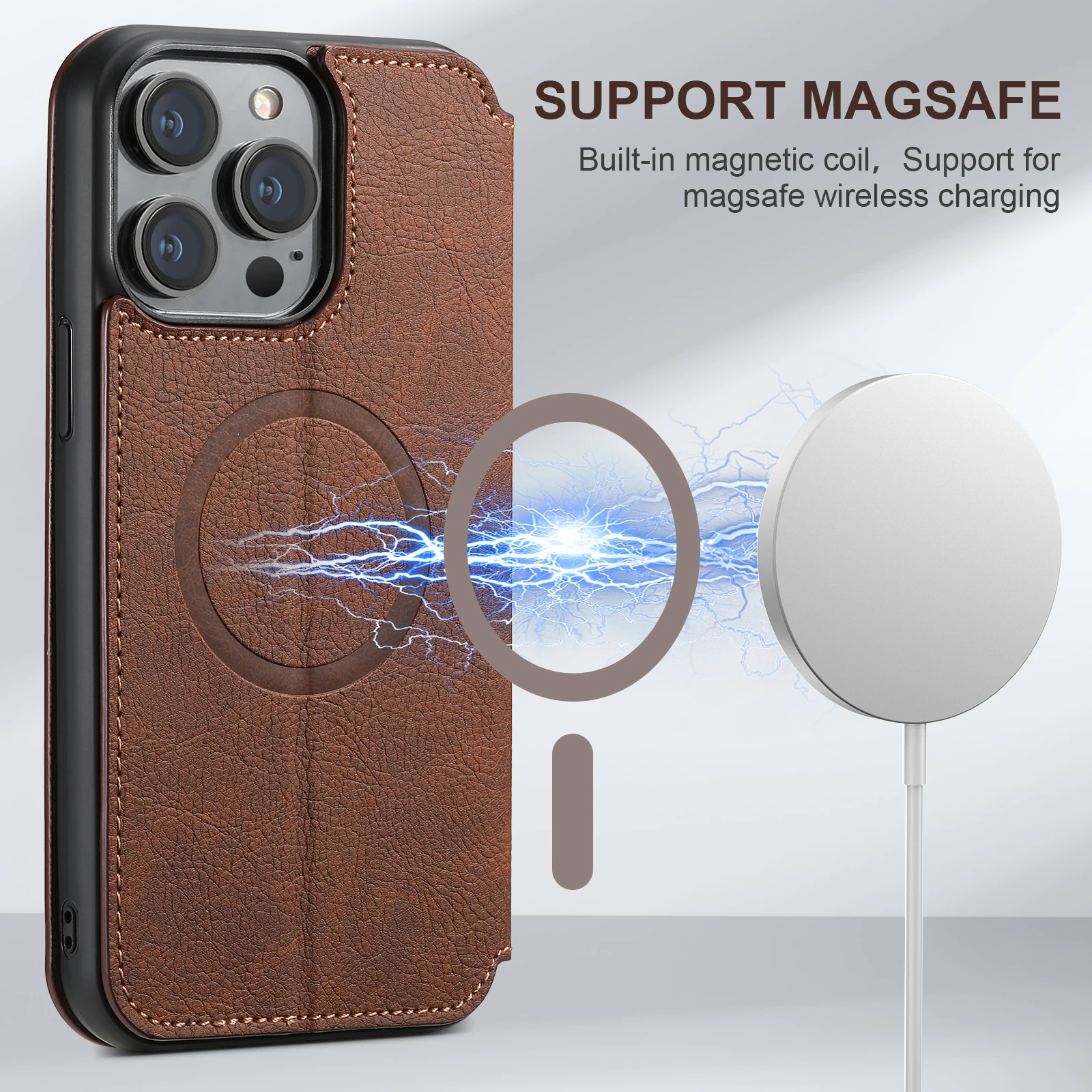 SUTENI Compatible Wireless Charging Leather Phone Case For iPhone  13 14 15 16 Plus 17 18 Pro Max Flip Cover Wallet Card Holder