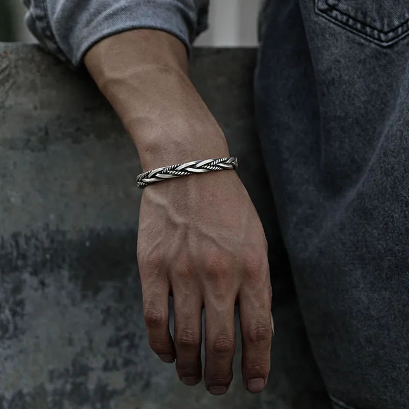 Fashion designer 925 Sterling Silver Twisted Woven Bracelet man women Neutral Retro Thai Original Handmade Opening bangle Gifts