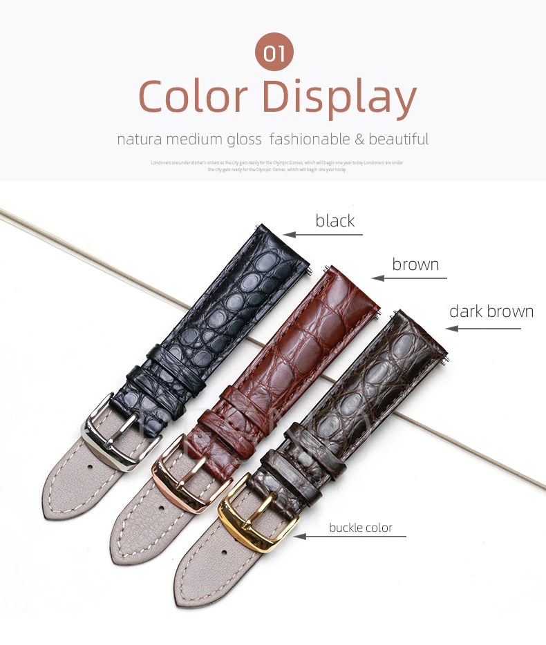 PESNO Black Dark Brown Round Grain Alligator Skin Leather Watch Bands Men Women Watch Accessories with Pin Buckle