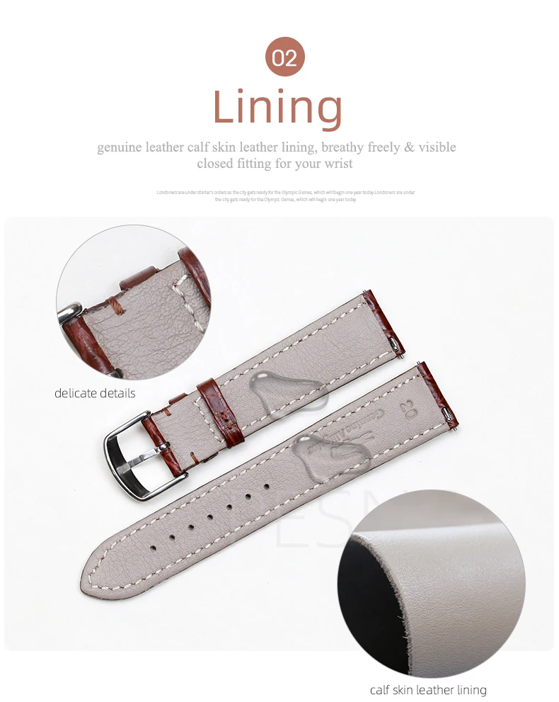 PESNO Black Dark Brown Round Grain Alligator Skin Leather Watch Bands Men Women Watch Accessories with Pin Buckle