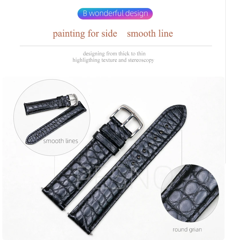 PESNO Black Dark Brown Round Grain Alligator Skin Leather Watch Bands Men Women Watch Accessories with Pin Buckle