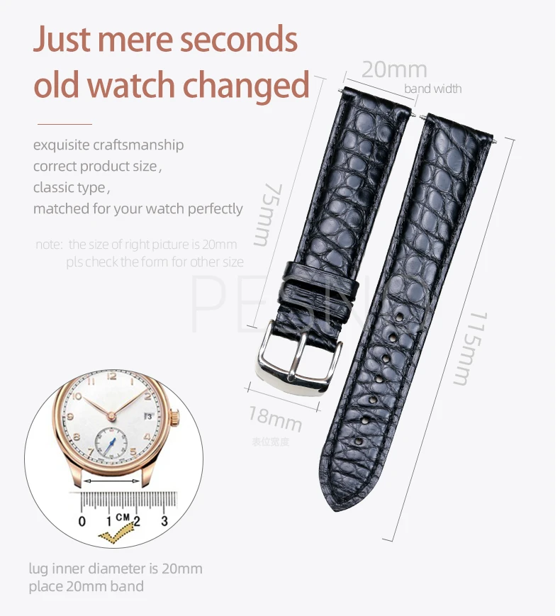 PESNO Black Dark Brown Round Grain Alligator Skin Leather Watch Bands Men Women Watch Accessories with Pin Buckle