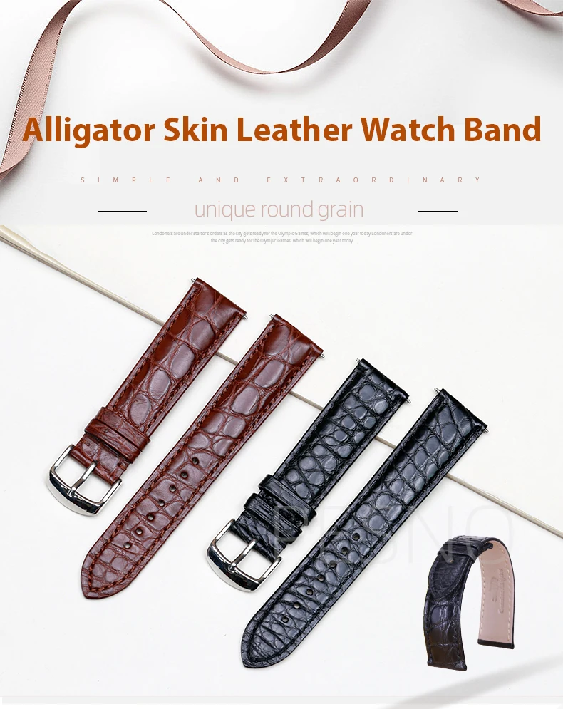 PESNO Black Dark Brown Round Grain Alligator Skin Leather Watch Bands Men Women Watch Accessories with Pin Buckle