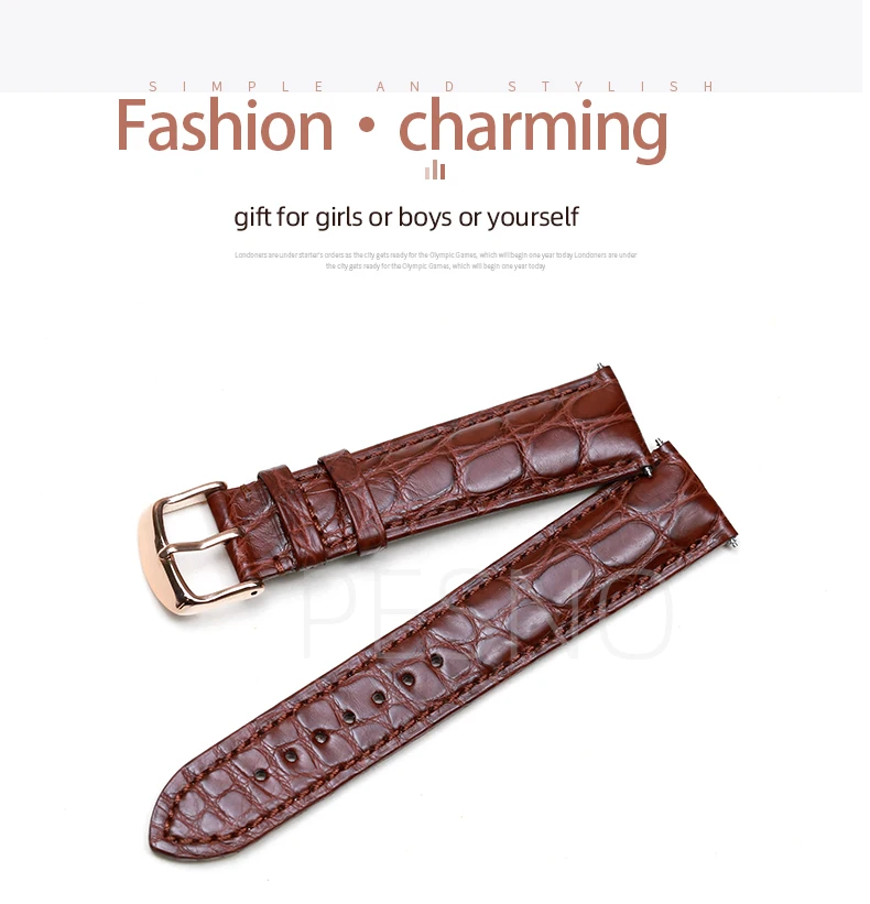 PESNO Black Dark Brown Round Grain Alligator Skin Leather Watch Bands Men Women Watch Accessories with Pin Buckle