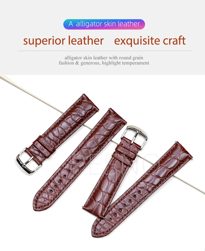 PESNO Black Dark Brown Round Grain Alligator Skin Leather Watch Bands Men Women Watch Accessories with Pin Buckle