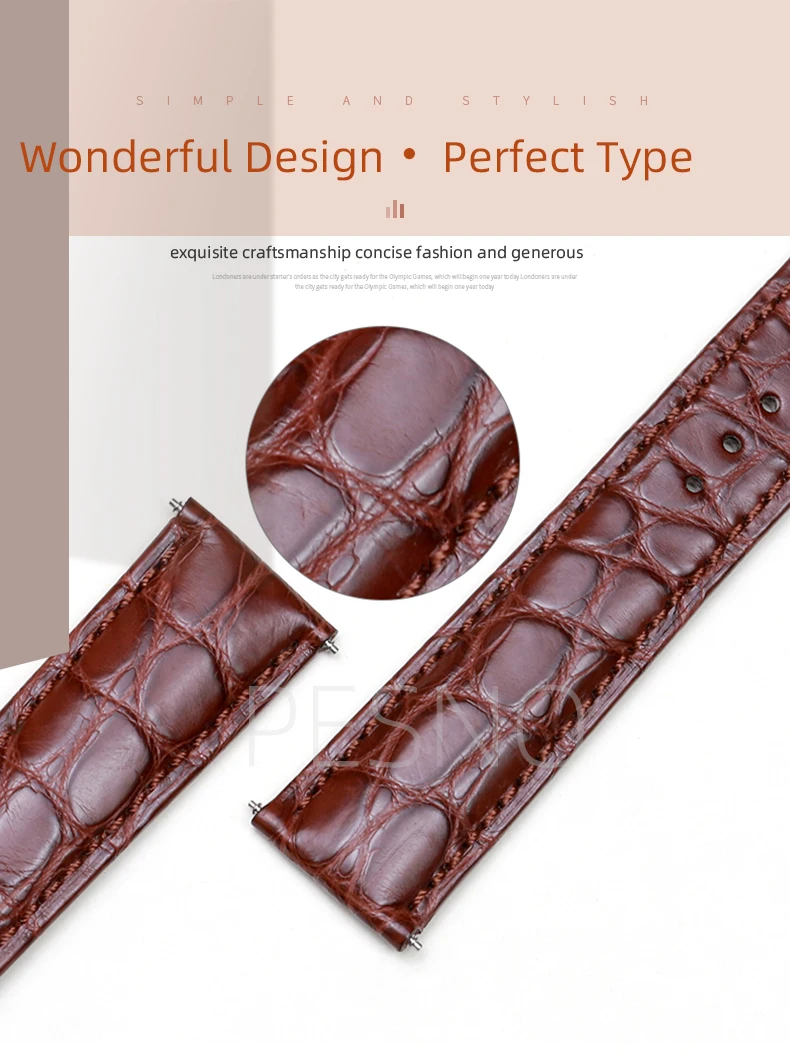 PESNO Black Dark Brown Round Grain Alligator Skin Leather Watch Bands Men Women Watch Accessories with Pin Buckle