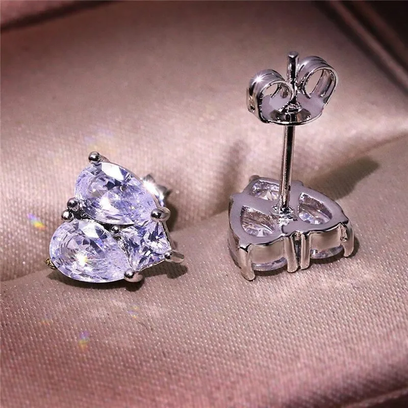 Huitan New Trendy Heart Stud Earrings for Bridal Wedding Engagement Silver Color Aesthetic Earrings High Quality Women's Jewelry