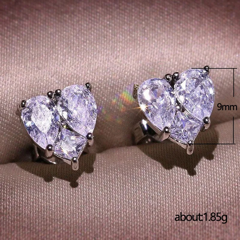 Huitan New Trendy Heart Stud Earrings for Bridal Wedding Engagement Silver Color Aesthetic Earrings High Quality Women's Jewelry