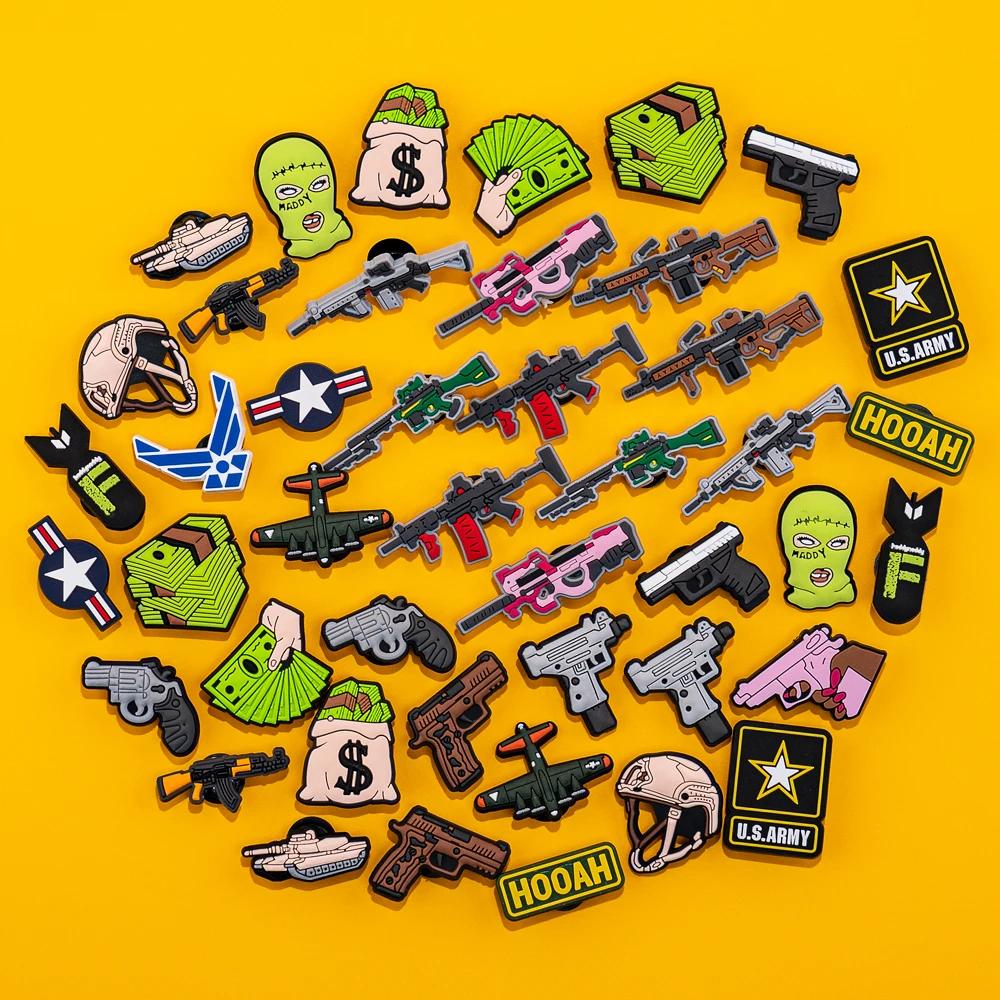 1pcs PVC Guns Charms Tanks Aircraft Missiles Shoe Charms for Sneakers Pin Accessories Dollar Shoe Decorations Buckle Pendant