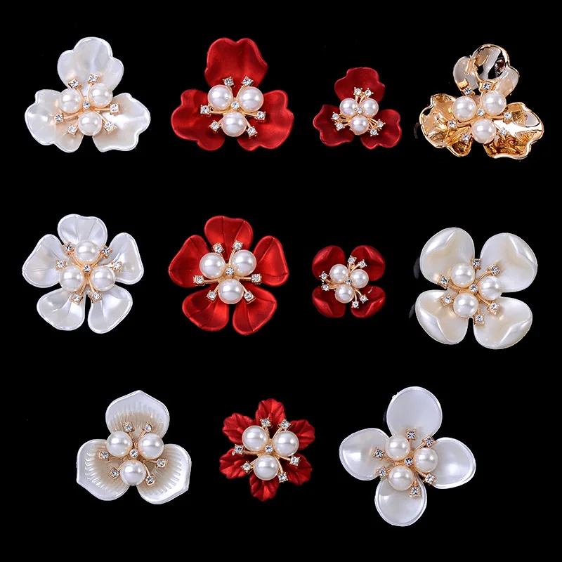 10Pcs Quality Alloy Rhinestone Shell Pearl Flower Buttons Heart Jewelry Accessories Bride Bouquet DIY Bag Hair Crafts Material