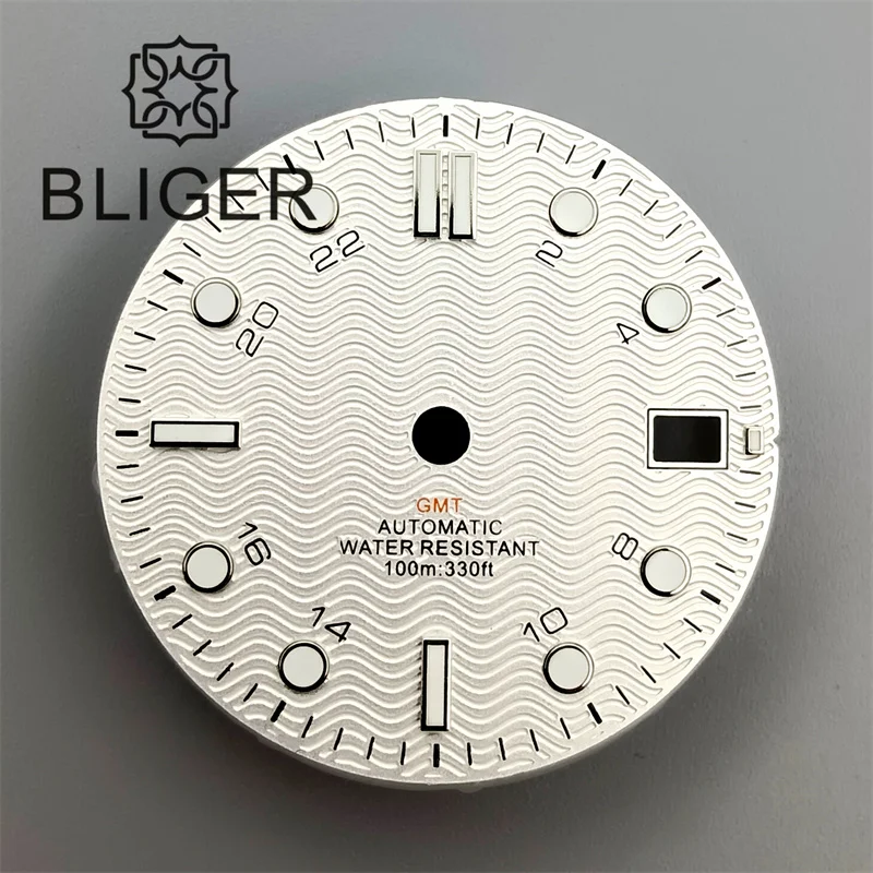 BLIGER 29mm/31mm Watch Dial Black Blue White Dial Wave Grain Green Luminous Fit NH34 DG5833/3804 GMT Automatic Movement Date