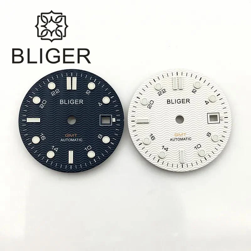 BLIGER 29mm/31mm Watch Dial Black Blue White Dial Wave Grain Green Luminous Fit NH34 DG5833/3804 GMT Automatic Movement Date