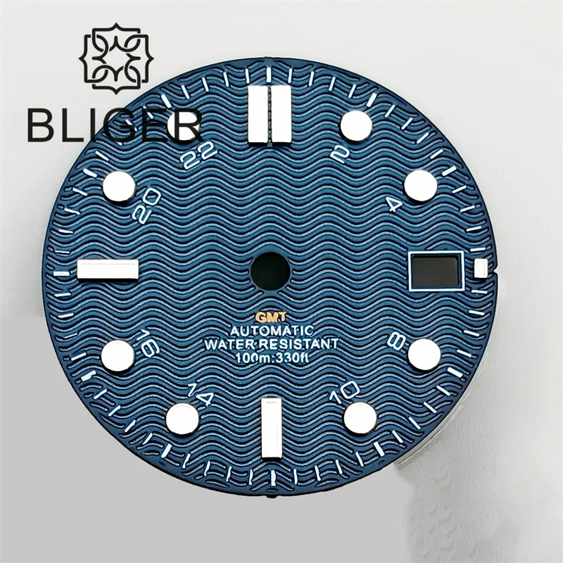 BLIGER 29mm/31mm Watch Dial Black Blue White Dial Wave Grain Green Luminous Fit NH34 DG5833/3804 GMT Automatic Movement Date