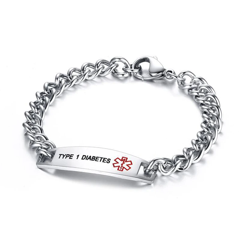 Surgical Stainless Steel Chain Medical Alert ID Bracelets Type 2 Diabetes Medical Bracelet for Women and Men
