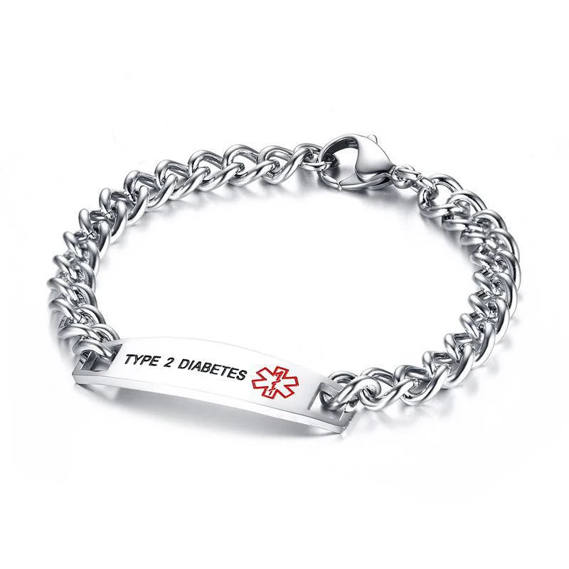 Surgical Stainless Steel Chain Medical Alert ID Bracelets Type 2 Diabetes Medical Bracelet for Women and Men