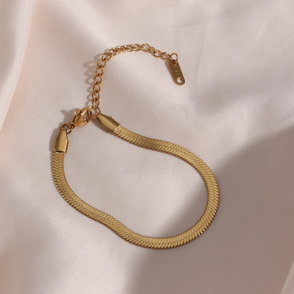 E.B.belle Steel 18k Gold Plated Flat Snake Chain Bracelets Bangles For Women Herringbone Chain Accessories Jewelry Gift
