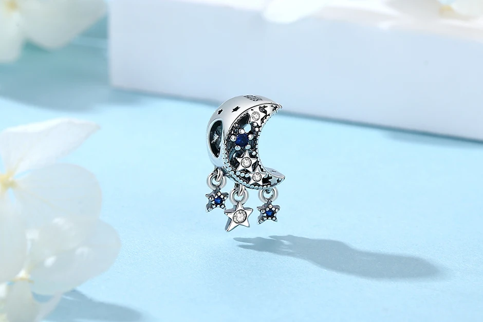 New Original 925 Sterling Silver Charms Star Moon Blue Crystal Glass Beads Fit Brand Bracelets Necklaces Jewelry For Women